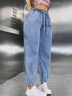 High-Waist Light Blue Denim Jogger Jeans for Women, 32